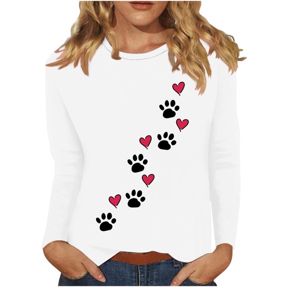 Womens Tops Dog Paw Printed Sweatshirt Long Sleeve Top Casual Cotton Tee Shirts Cotton Sweaters 3/4 Sleeve Tunic Top Fall Pullover Casual Tees Top Office Work Blouse 03-White S
