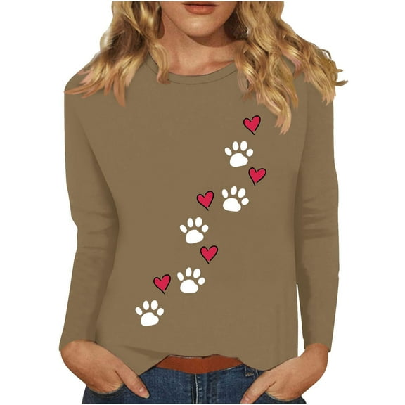 Womens Tops Dog Paw Printed Sweatshirt Long Sleeve Top Casual Cotton Tee Shirts Cotton Sweaters 3/4 Sleeve Tunic Top Fall Pullover Casual Tees Top Office Work Blouse 03-Khaki L