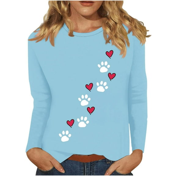 Womens Tops Dog Paw Printed Sweatshirt Long Sleeve Top Casual Cotton Tee Shirts Cotton Sweaters 3/4 Sleeve Tunic Top Fall Pullover Casual Tees Top Office Work Blouse 03-Light Blue XL