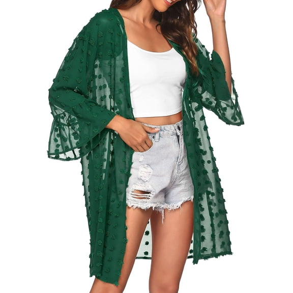 Womens Tops Dot Chiffon 3/4 Sleeve Beach Cover Up Sheer Trendy Tops