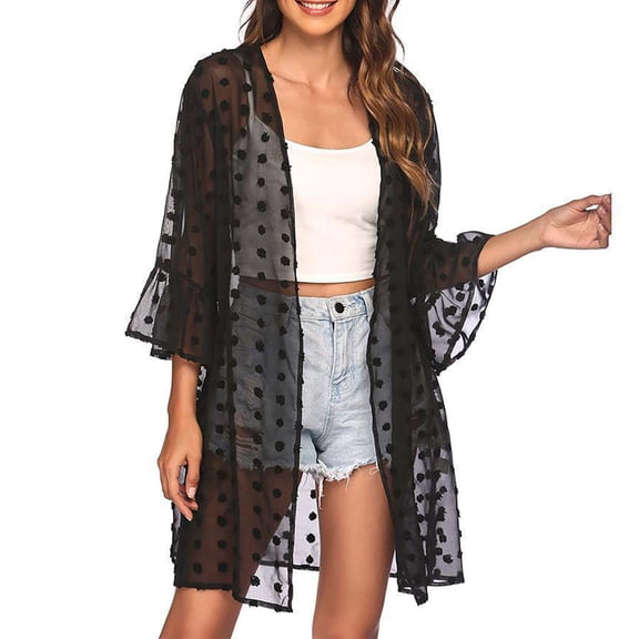Womens Tops Dot Chiffon 3/4 Sleeve Beach Cover Up Sheer Trendy Tops