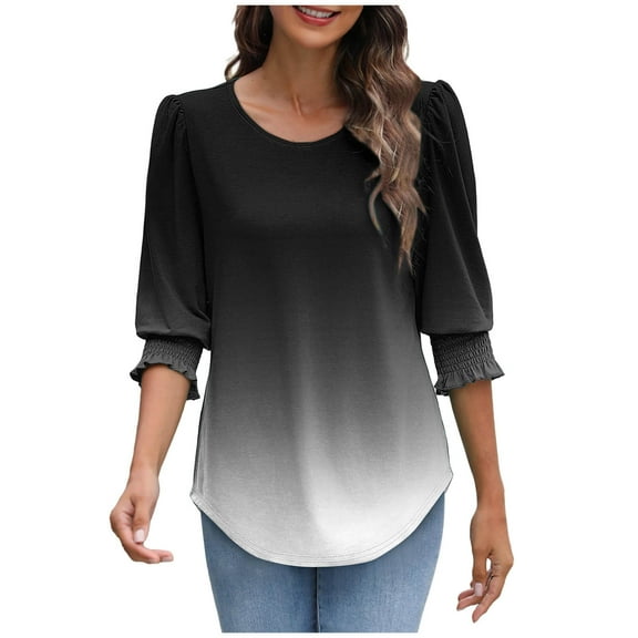 Womens Tops Dress Casual 3/4 Sleeve Shirts with Smocked Cuffs High Low Tops for Women Gradient Business Work Blouses, Black, M
