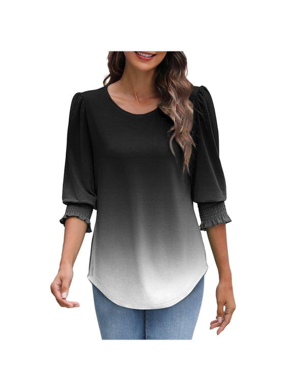 Womens Tops Dress Casual 3/4 Sleeve Shirts with Smocked Cuffs High Low Tops for Women Gradient Business Work Blouses, Black, XXL