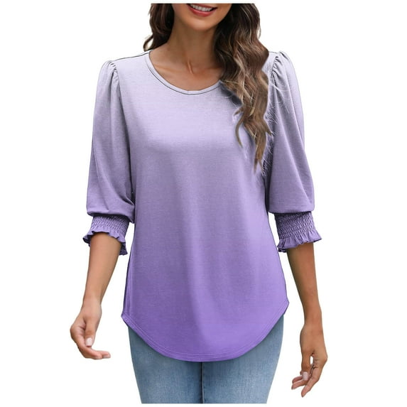 Womens Tops Dress Casual 3/4 Sleeve Shirts with Smocked Cuffs High Low Tops for Women Gradient Business Work Blouses, Purple, S