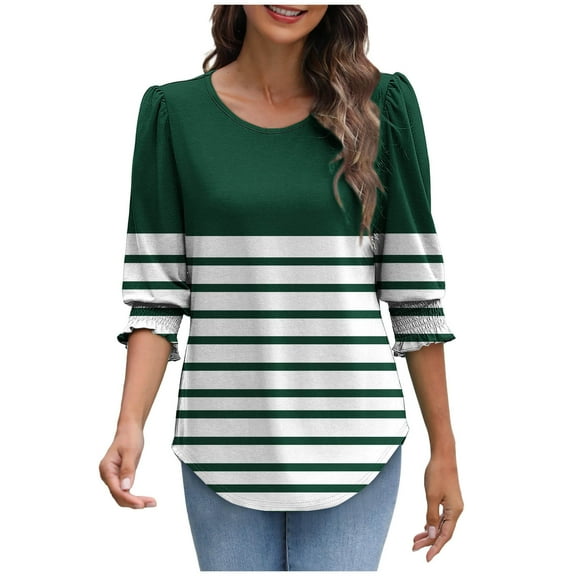 Womens Tops Dress Casual 3/4 Sleeve Shirts with Smocked Cuffs High Low Tops for Women Graphic Business Work Blouses, Army Green, L