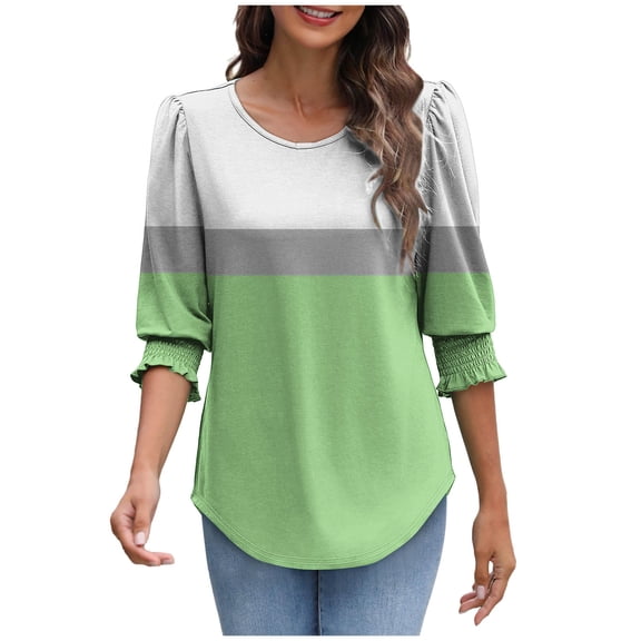 Womens Tops Dress Casual 3/4 Sleeve Shirts with Smocked Cuffs High Low Tops for Women Graphic Business Work Blouses, Green, M