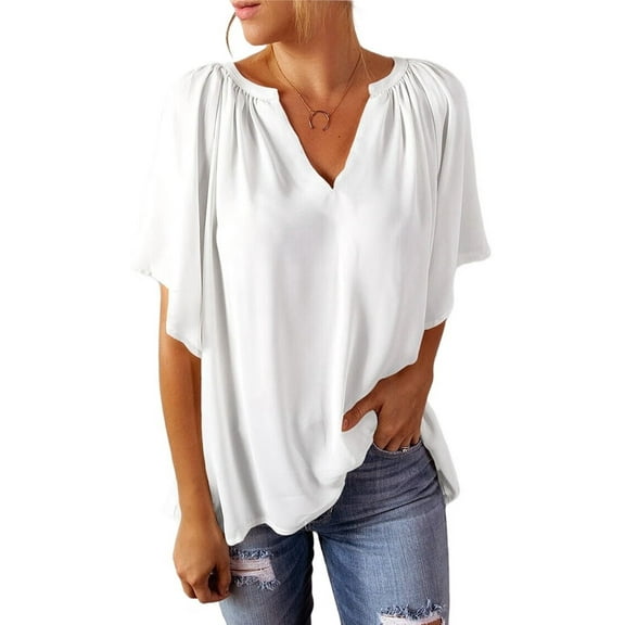 Womens Tops Dressy Casual 2025 Spring Summer V Neck Short Sleeve Shirts Business Casual Chiffon Blouses White XXL