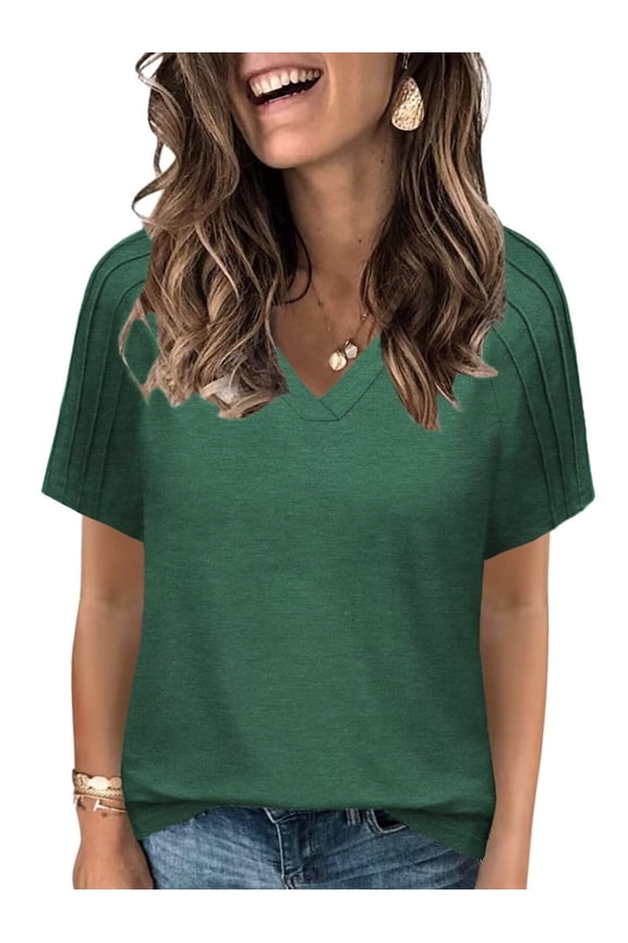 Womens Tops Dressy Casual 2025 V Neck T Shirts Fashion Short Sleeve Summer Chic Pleated Tunics M Dark Green