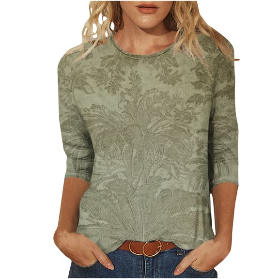 Womens Tops Dressy Casual 3/4 Sleeve Shirts Crew Neck Loose Casual Blouses Boho Floral Print Tshirts