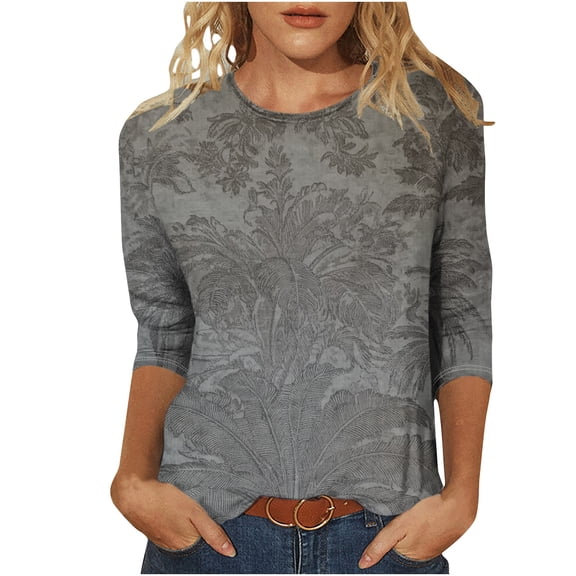 Womens Tops Dressy Casual 3/4 Sleeve Shirts Crew Neck Loose Casual Blouses Boho Floral Print Tshirts