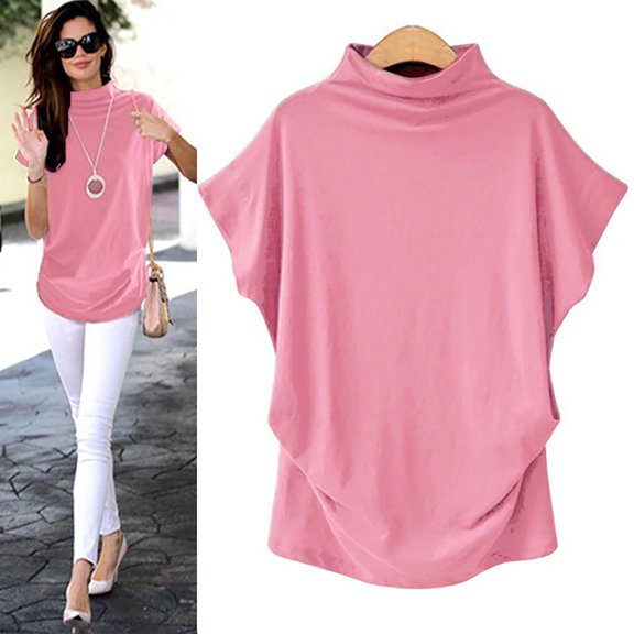 Womens Tops Dressy Casual Blouses Plus Size Blouse Turtleneck Cotton T Short Casual Solid Sleeve Shirt Blouse Womens Tunic Tops S-6XL