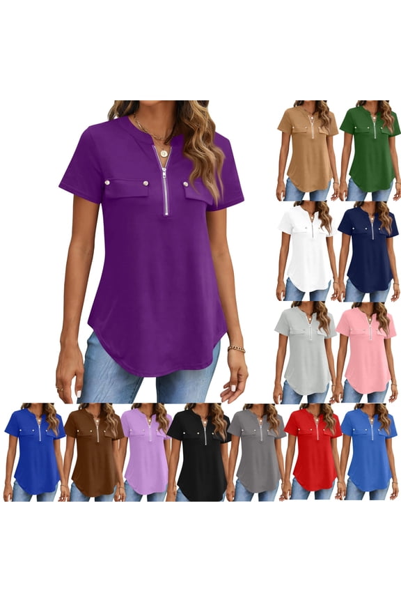 Womens Tops Dressy Casual Blouses Tops Short Sleeve Zip Front Workout Tops for Women Lightweight Summer Tops Purple M