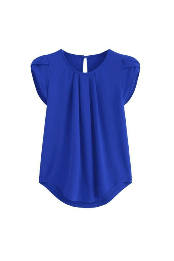 Womens Tops Dressy Casual Chiffon Solid Color Short Sleeve Round Neck Casual Shirt Blouse Womens Tops Womens Summer Tops Women Clothing Blue