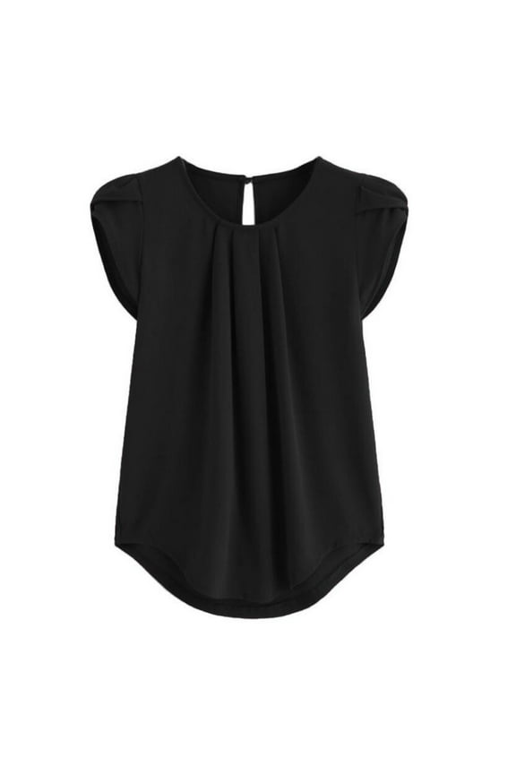 Womens Tops Dressy Casual Chiffon Solid Color Short Sleeve Round Neck Shirt Blouse Summer T Shirts For Women Black
