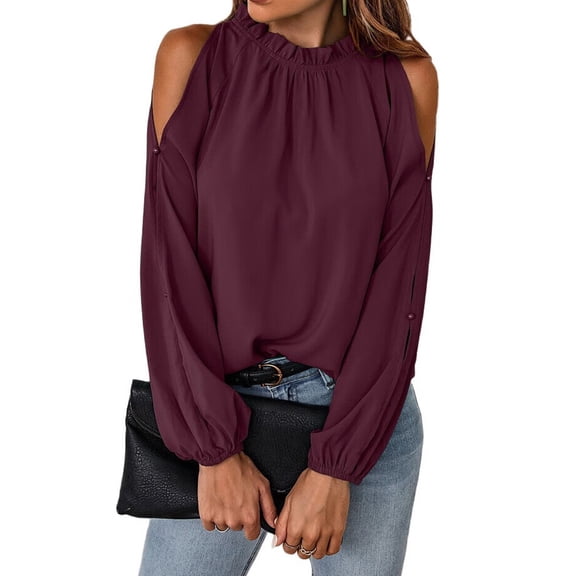 Womens Tops Dressy Casual Cold Shoulder Ruffle Collar Blouses Fall Fashion Shirts for Work Wine Red L