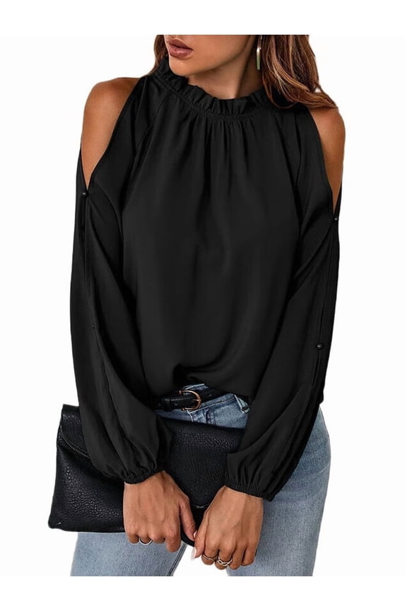 Womens Tops Dressy Casual Cold Shoulder Ruffle Collar Blouses Fall Fashion Shirts for Work