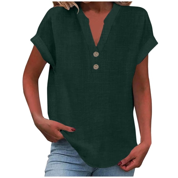 Husipze Womens Tops Dressy Casual Cotton Linen Tshirts V Neck Short Sleeve Buttons Tops Solid Color Blouse Loose Pullover Summer Shirts Army Green 5XL