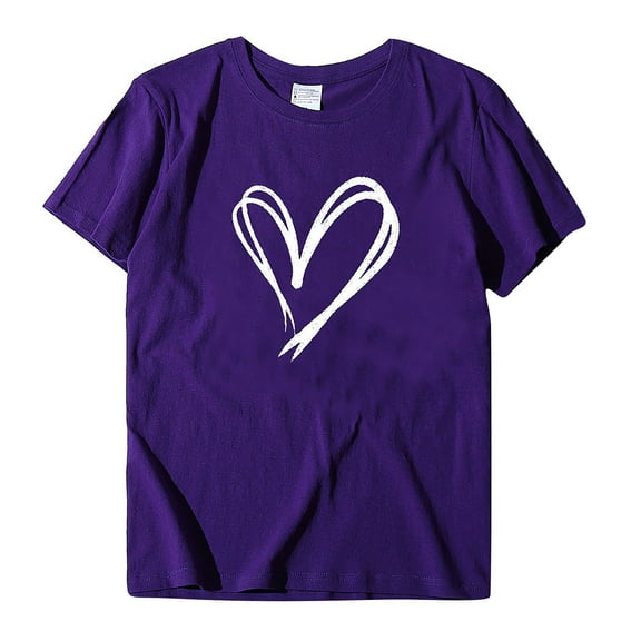 Womens Tops Dressy Casual Crew Neck Pullover Love Solid Color Printing Short Sleeves T-shirt Tops Purple XXL