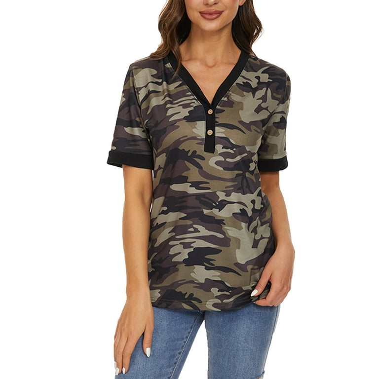 Womens Tops Dressy Casual Fashion Casual Spring Short Sleeve Printed V neck Button Color Contrast T shirt Blouse Camouflage L