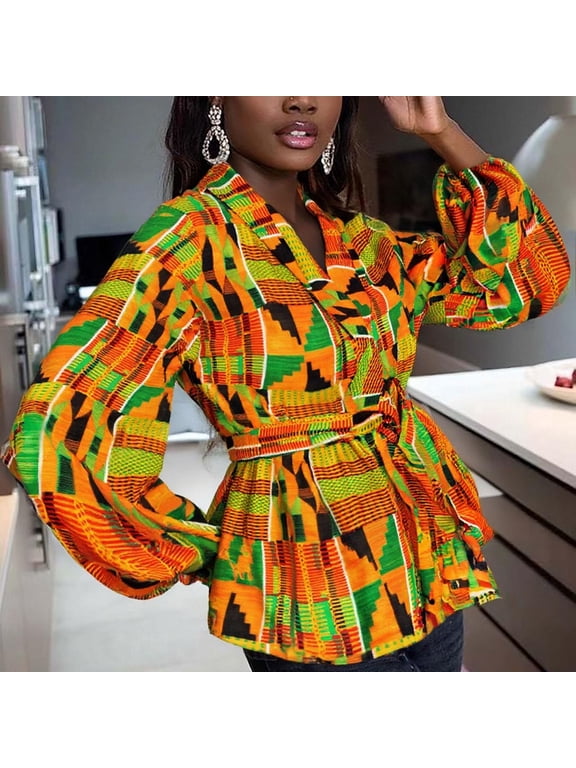 Womens Tops Dressy Casual Long Sleeve African Traditional Batik Print Shirt Dashiki Casual Shirt Basic Cute Shirts 3XL