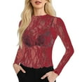 thumbnail image 1 of Womens Tops Dressy Casual Long Sleeve Shirts Mesh Neck Sheer Blouse See Through Floral Lace Basic T Shirts For Women Red L, 1 of 5