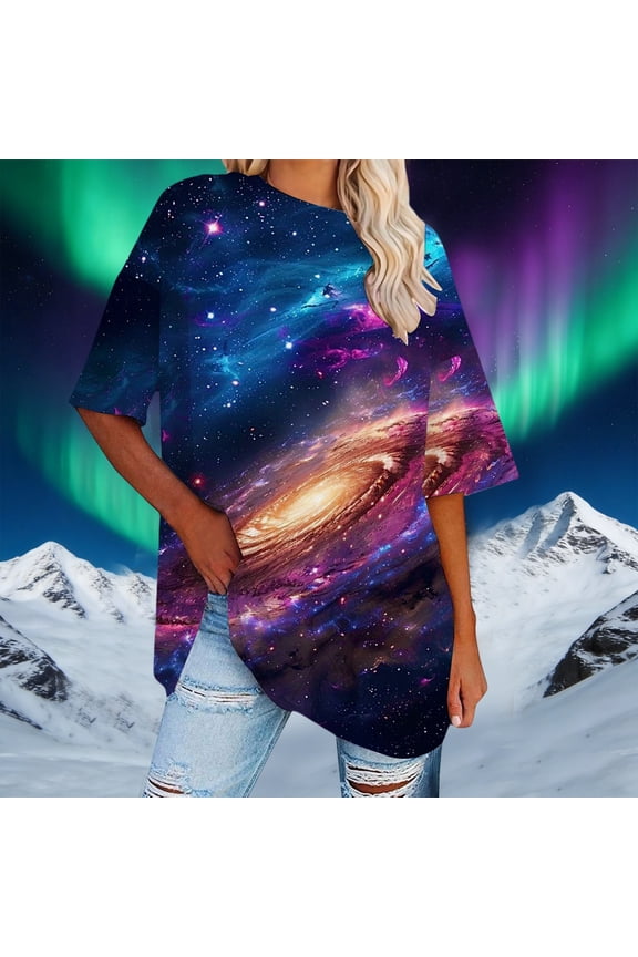 Womens Tops Dressy Casual Oversized Drop Shoulder Short Sleeve T Shirt Galaxy Starry Sky Print Tee Top Fashion Trendy Clothes