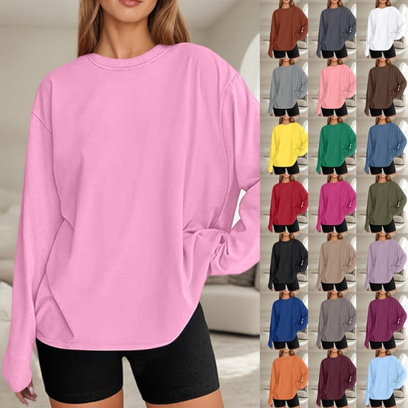 Womens Tops Dressy Casual Oversized Long Sleeve T Shirt Basic Round Neck Fall Top Fashion Trendy Clothes