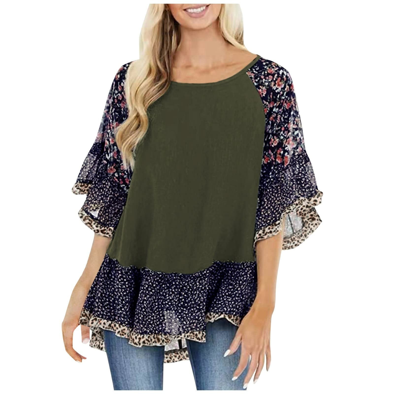 Chiffon Print Patchwork Knitting Round Neck Blouses Chiffon Print Patchwork Knitting Round Neck Blouses