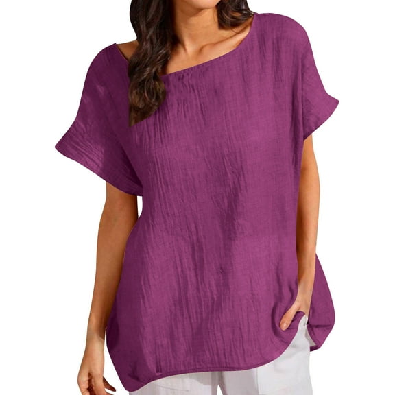 Womens Tops Dressy Casual Plus Size Crew Neck Short Sleeve Solid Color Cotton Linen Shirts Dressy Loose Fit Tunic Tops