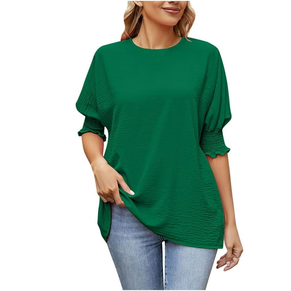 Womens Tops Dressy Casual Puff Half Sleeve Crewneck Summer Shirts Tunic Tops Plain Loose Fit Basic Work Blouses