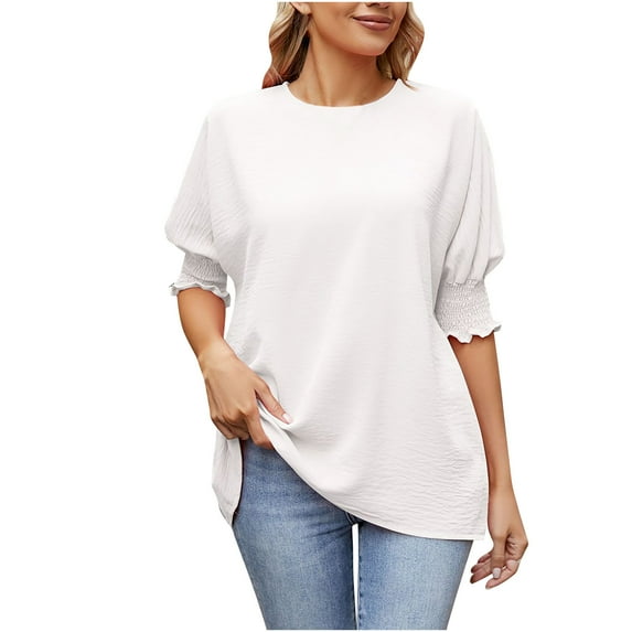 Womens Tops Dressy Casual Puff Half Sleeve Crewneck Summer Shirts Tunic Tops Plain Loose Fit Basic Work Blouses