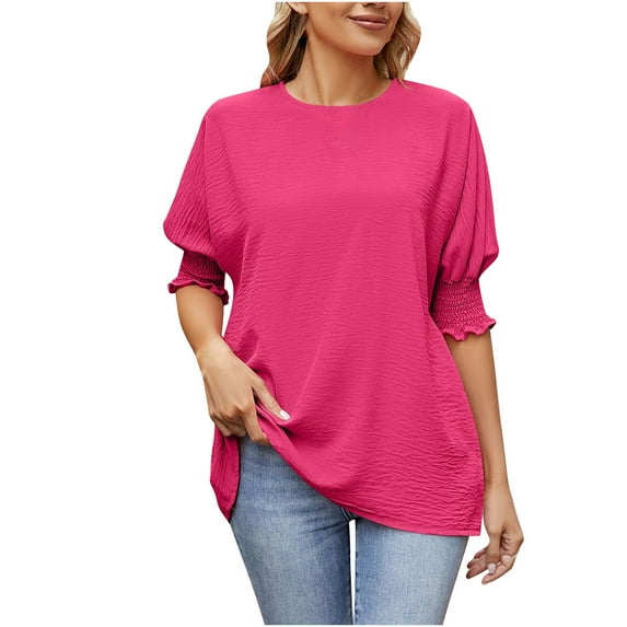 Womens Tops Dressy Casual Puff Half Sleeve Crewneck Summer Shirts Tunic Tops Plain Loose Fit Basic Work Blouses