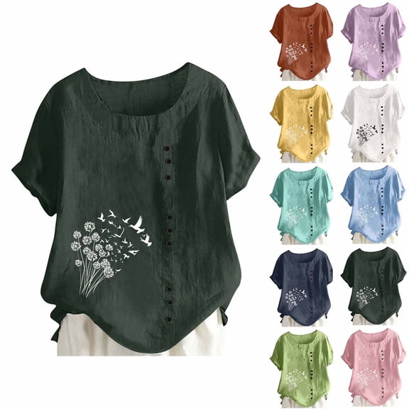 Womens Tops Dressy Casual Round Neck Short Sleeve Casual Fashion Printed Button T-Shirts