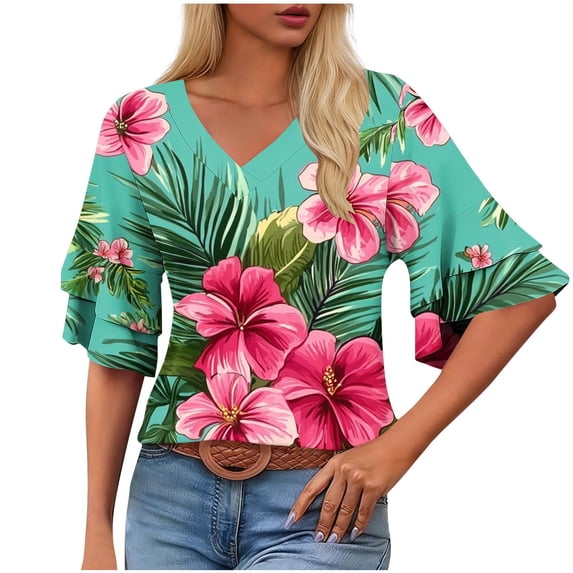Womens Tops Dressy Casual Ruffle 3/4 Sleeve V Neck Double Chiffon Blouses Tops 2026 Spring Summer Outfits