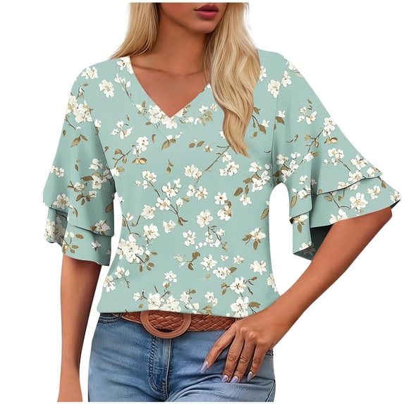 Womens Tops Dressy Casual Ruffle 3/4 Sleeve V Neck Double Chiffon Blouses Tops 2026 Spring Summer Outfits