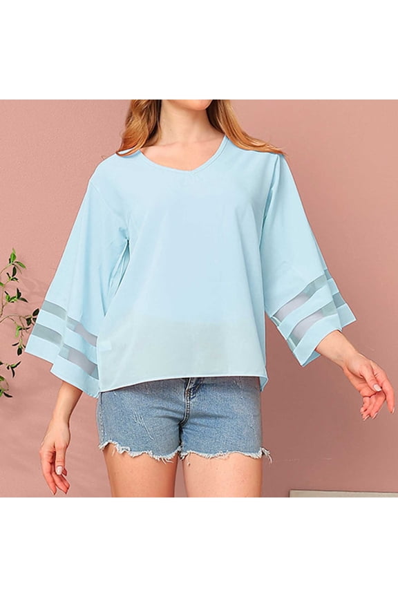 Womens Tops Dressy Casual Ruffle 3/4 Sleeve V Neck Double Layers Chiffon Blouses Tops Light Blue XL