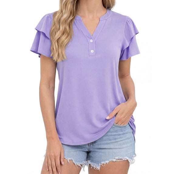 Womens Tops Dressy Casual Ruffle Short Sleeve V Neck Blouses Summer Button Down Business Work Elegant Shirts