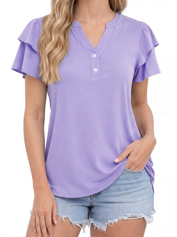 Womens Dressy Tops Casual Ruffle Short Sleeve V Neck Blouses Summer Button Business Work Shirts