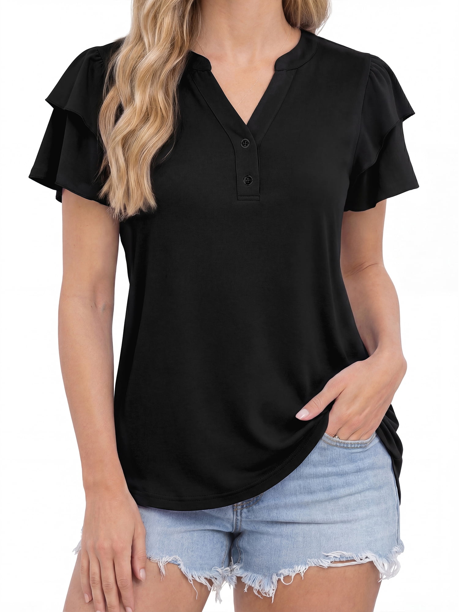 Womens Tops Dressy Casual Ruffle Short Sleeve V Neck Blouses Summer ...
