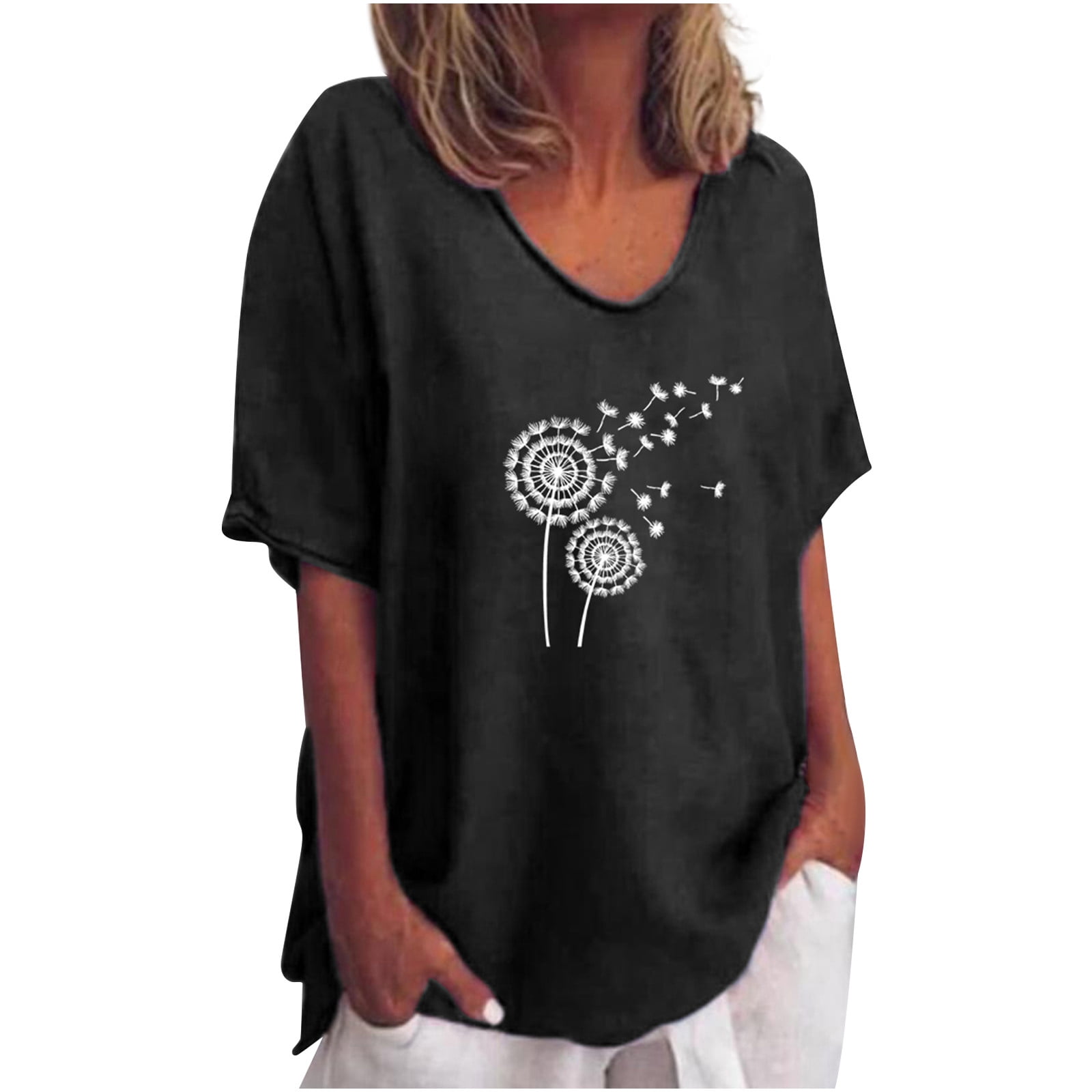 Womens Tops Dressy Casual Short Sleeve Summer Linen T Shirts Tunic Loose Comfy Crewneck Fashion Print Shirts Blouses
