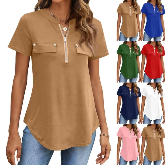 Womens Tops Dressy Casual Short Sleeve V Neck Zipper Flowy Work Blouses Summer Vacation Shirts 2026 Camel XXL
