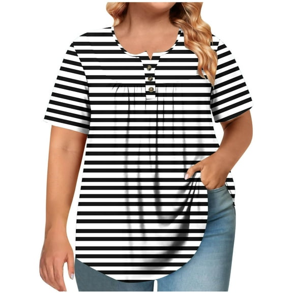 Womens Tops Dressy Casual Short Sleeved Round Neck Button Up Pleated T-Shirts