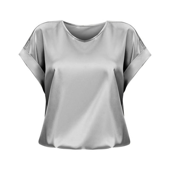 Womens Tops Dressy Casual Short Sleeved Satin Loose Round Neck Womens Shirts
