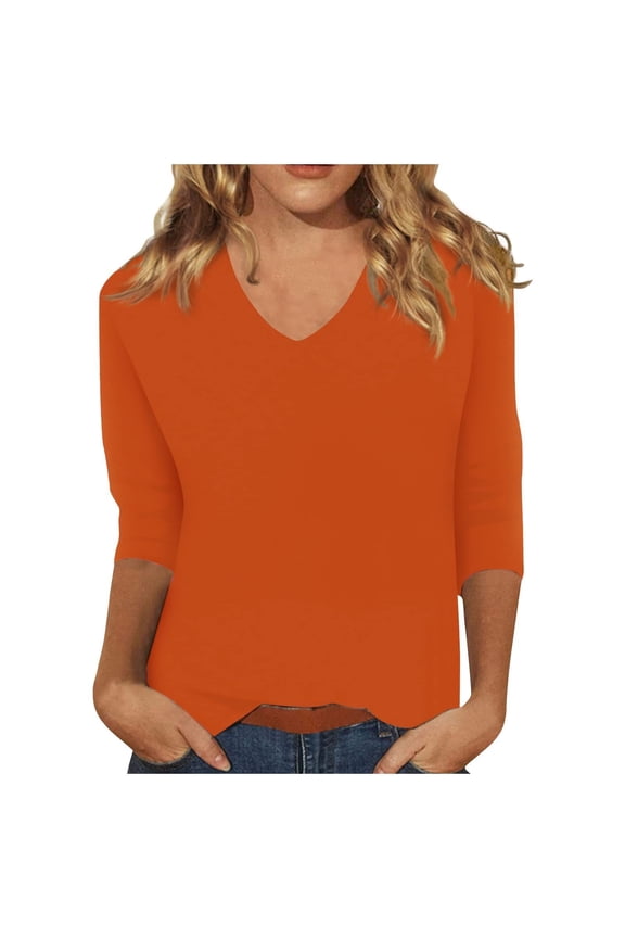 Womens Tops Dressy Casual Sleeve Summer Solid Plain Travel Cute V Neck Slim Fit Half Tshirts Shirts Spring Blouse Orange