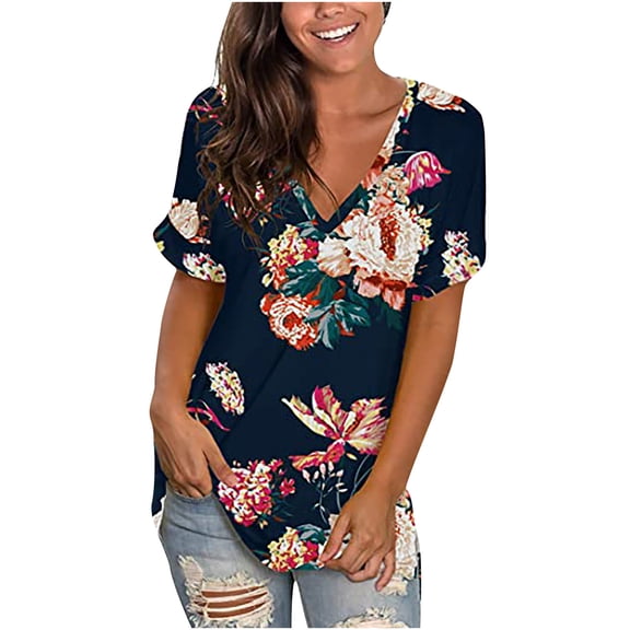 Womens Tops Dressy Casual,Summer Floral Tops for Women Classic V Neck Tshirts Short Sleeve Cute Tops Casual Loose Tunics Blouse