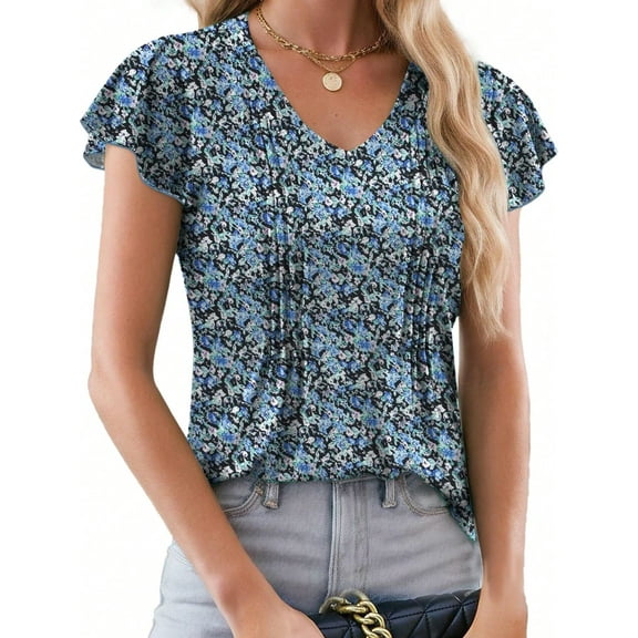 Womens Tops Dressy Casual Summer Flutter Sleeve T-Shirts Trendy Ruffle Short Sleeve Loose V-Neck Tunic Tops