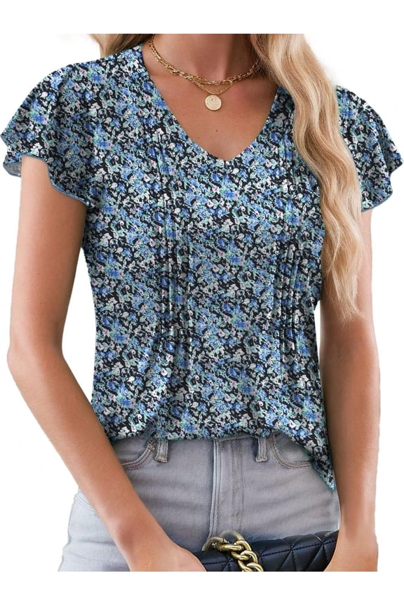Womens Tops Dressy Casual Summer Flutter Sleeve T-Shirts Trendy Ruffle Short Sleeve Loose V-Neck Tunic Tops
