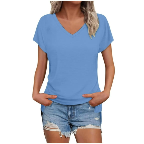 Womens Tops Dressy Casual Summer Flutter Sleeve T-Shirts Trendy Ruffle Short Sleeve Loose V-Neck Tunic Tops