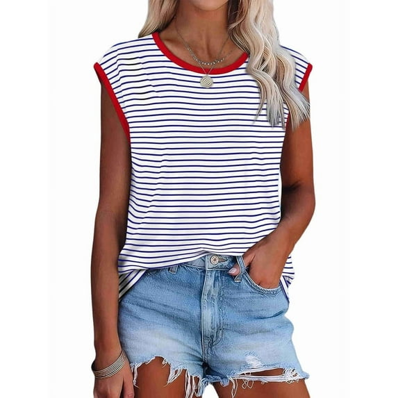 Womens Tops Dressy Casual Summer Striped Shirts Cap Sleeve Tops Color Block Loose Fit Red M