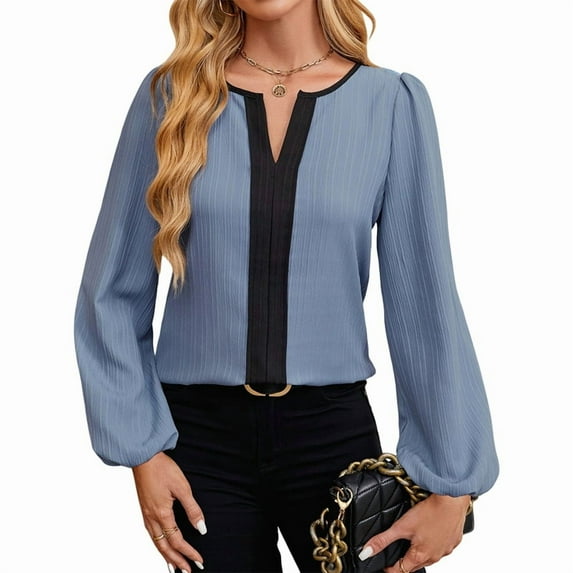 Womens Tops Dressy Casual V Neck Color Block Business Casual Blouses Long Sleeve Work Shirts Fall Trendy Clothes Blue S